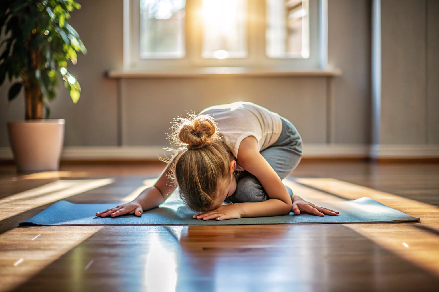 Eine Person in der Kindeshaltung auf einer Yoga-Matte in einem ruhigen Raum mit sanftem Licht, die Hände entspannt nach vorne gestreckt, ohne erkennbare Markierungen oder Text