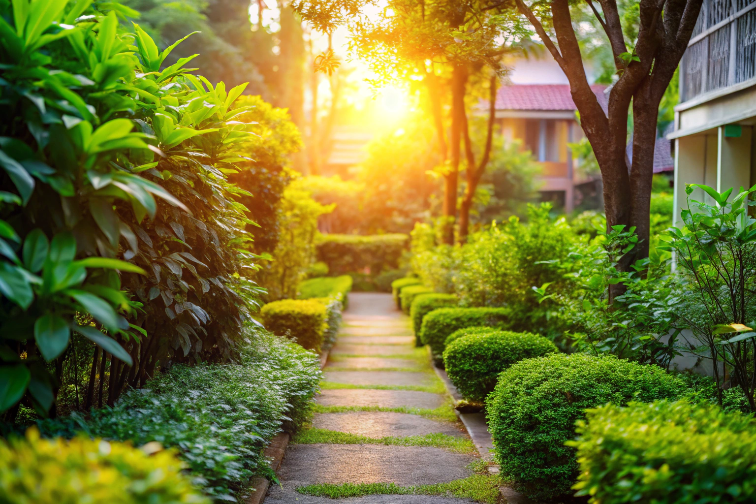 Ein friedlicher Gartenpfad mit üppigem Grün und sanftem Sonnenlicht, der zu einem unscharfen Gebäude im Hintergrund führt, symbolisiert eine einladende und ruhige Atmosphäre