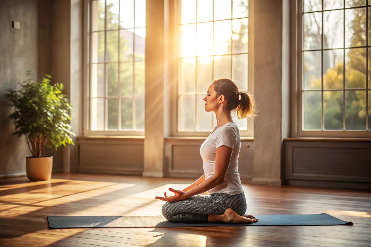 Eine Person in einer entspannten Yoga-Pose auf einer Matte, umgeben von sanftem Licht, das durch ein Fenster fällt, in einem ruhigen Raum ohne Dekorationen oder Worte