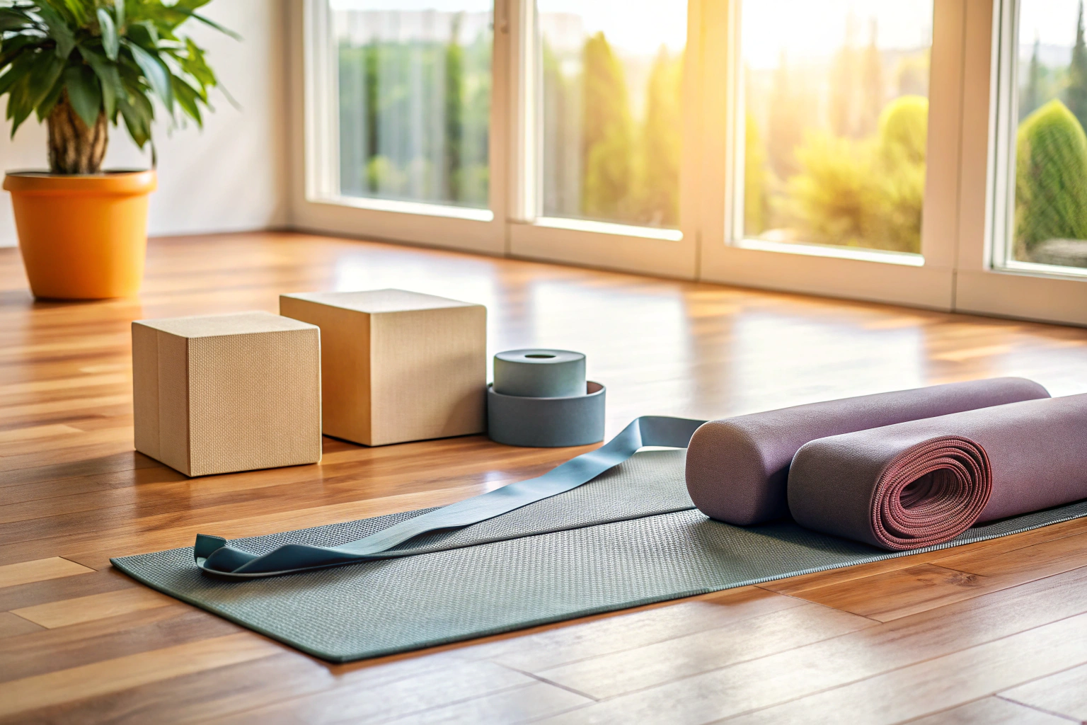 Eine hochwertige Yoga-Matte, zwei Yoga-Blöcke und ein Gurt, ordentlich auf einem hellen Holzboden arrangiert, mit sanftem Tageslicht, das eine ruhige Atmosphäre schafft