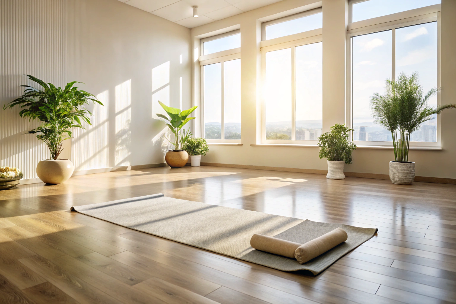 Ein ruhiger, minimalistischer Yoga-Raum mit Holzboden, weißen Wänden und großen Fenstern, durch die sanftes Sonnenlicht fällt. Im Vordergrund liegt ein gefaltetes Yoga-Tuch auf einem Kissen, daneben eine Topfpflanze, alles in neutralen Farben gehalten, ohne erkennbare Marken oder Schriftzüge.