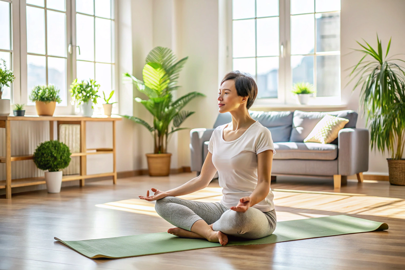 Eine Person in einer entspannten Yoga-Pose auf einer Matte in einem hellen Raum mit neutraler Einrichtung